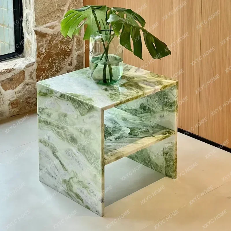 SLDouble Layer Square Marble Display Shelf Unsealed Natural Stone Table for Vases&Decor