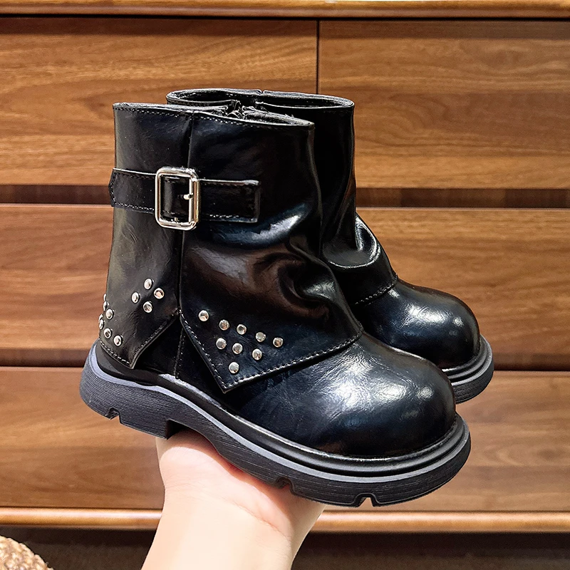 Rivets Ankle Cross-tied Strape Children's Short Boots England Style Platform Shoes Boots Girl Nice Chelsea Boots Princess I07288