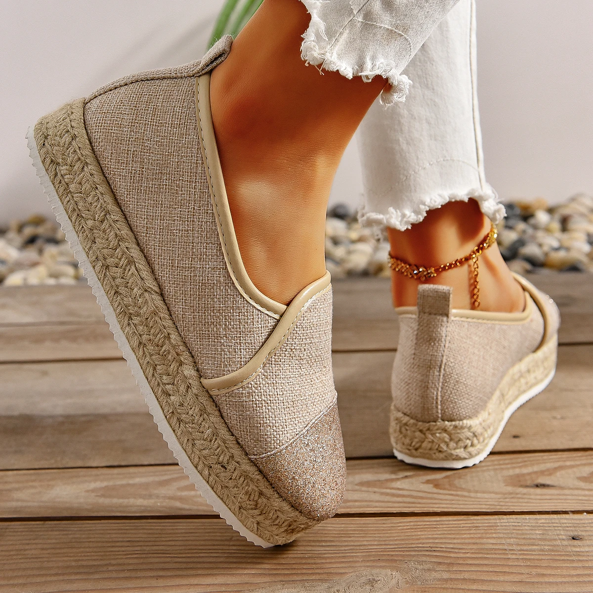 Beige Espadrilles Womens Shoes Flat Stylish and Trendy Footwear for Fashion-Forward Females Loafers Casual Slip-on Grass Woven