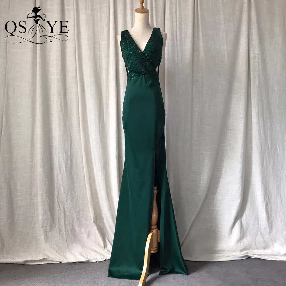 Emerald Rekbaar Avondjurken Kriskras Taille V-hals Mermaid Satin Sexy Split Hete Boor Sequin Ingericht Green Party Dress