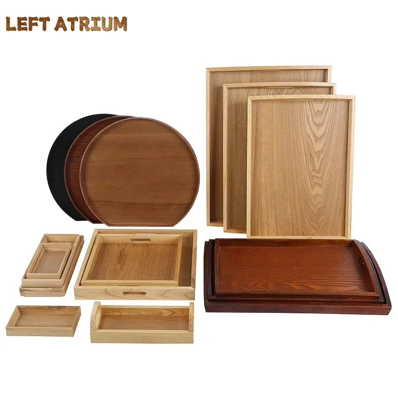 

Natural Walnut Wooden Rectangular Tray Round Beech Handle Tray Kitchen Bread Fruit Shelving Restaurant Hotel Serving Tray