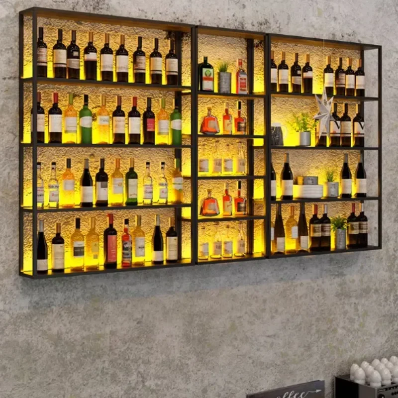 Industrial Wrought Iron Wall-mounted Bar Wine Display Cabinets for Living Room Wine Rack with LED Restaurant Bar Home Showcase f