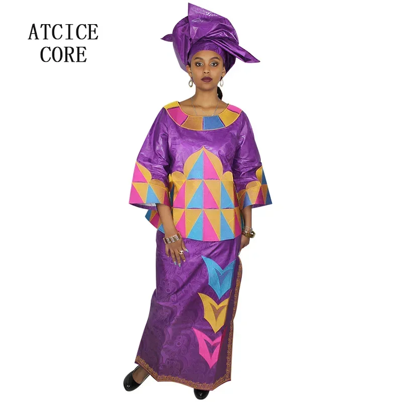 African Dresses For Women African Fabric Bazin Riche Embroidery Design Dress Long Dress With Headtie