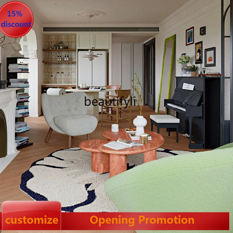 

Wabi Sabi Wind Natural Red Travertine Coffee Table Living Room Household Marble Small Tea Table, Combination Coffee Table G1218