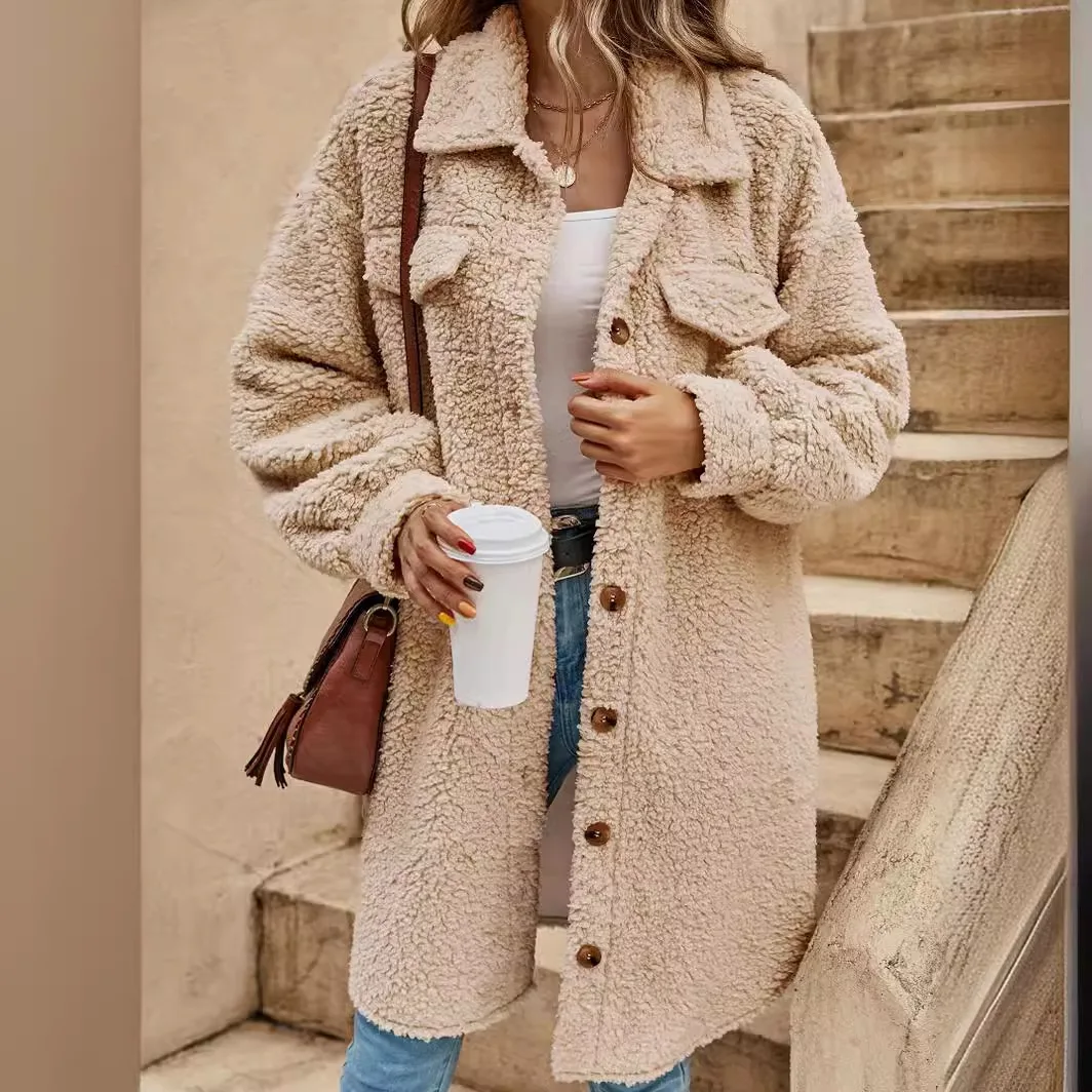 

2025 Women's Autumn Winter Fleece Thick Jackets Fashion Loose Casual Cardigan Warm Long Coats Office Ladies Commuting Overcoats