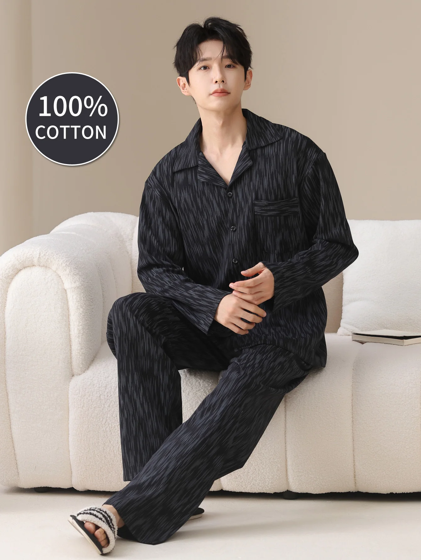 ملابس نوم رجالية 100% قطن بأكمام طويلة للفصول الأربعة مقاس كبير، طقم بدلة منزلية من القطن الخالص للمراهقين للدفء