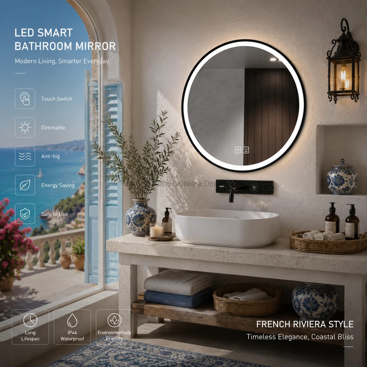 70cm Smart LED Backlit Round Mirror Anti-Fog Defog Vanity Mirror 3 Color Temperature Dimmable Touch Wall Mount Bathroom