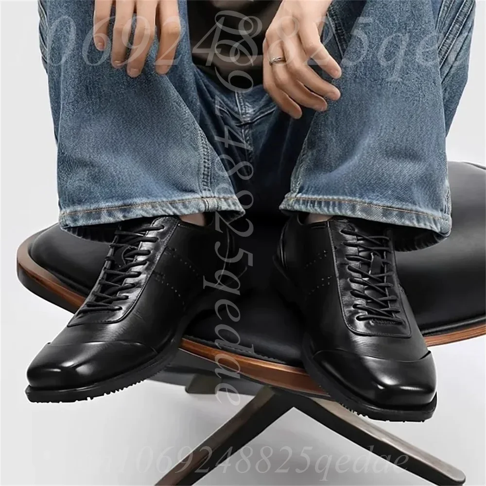 Men's Square Toe Lace-Up Dress Shoes, Brogue Detail, Non-slip Rubber Sole Shoes Comfortable Durable Causal Footwear Black/White