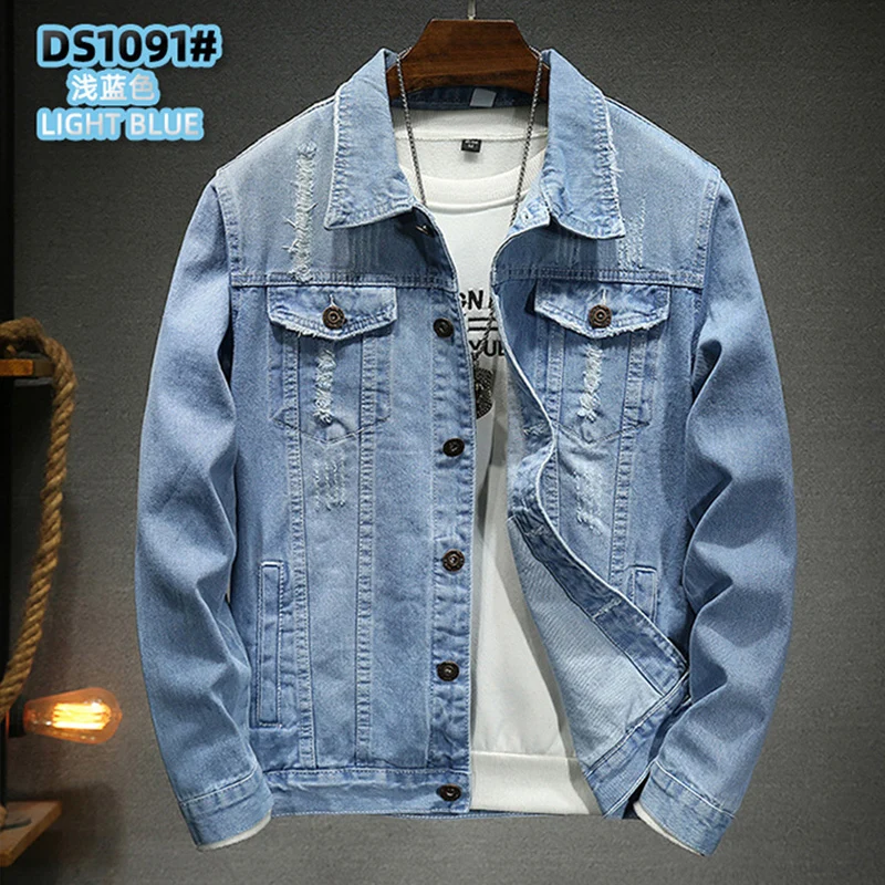 Spring Autumn Men's Blue Multi Pocket Denim Jacket Slim Fit Frayed Single Breasted Lapel Distressed Motorcycle Jean Coat