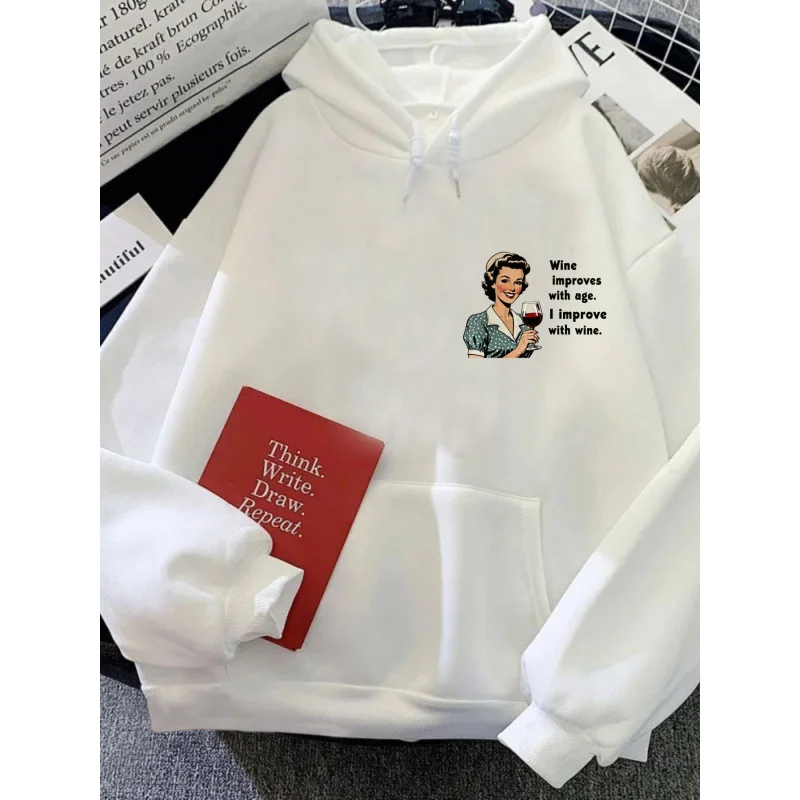 هوديي رجالي باللون الأبيض يحسن مع عمر I تحسين مع النبيذ المطبوع القطن ملابس غير رسمية عالية الجودة للحياة اليومية والهدايا