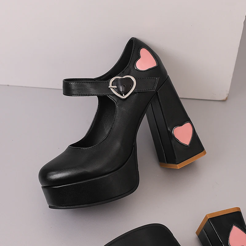 2024 Love Shaped Metal Buckle Waterproof Platform Ultra-High Thick Heel Sweet And Cute Pumps Heart Shaped Girls Fashion Shoes