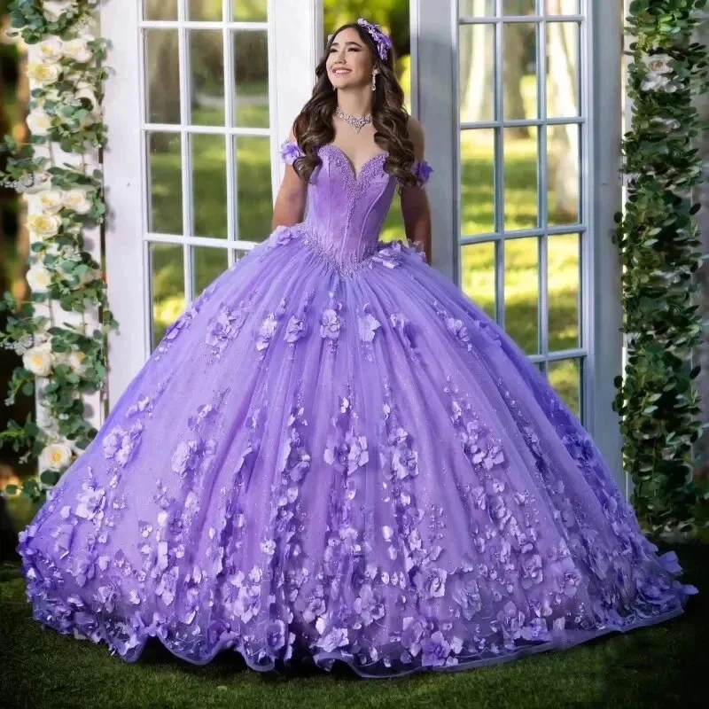 Lavender Glittering Crystal Ball Gown Quinceanera Dresses 3D Flower Beading Cinderella 16 Princess Gowns Vestidos De 15 Anos