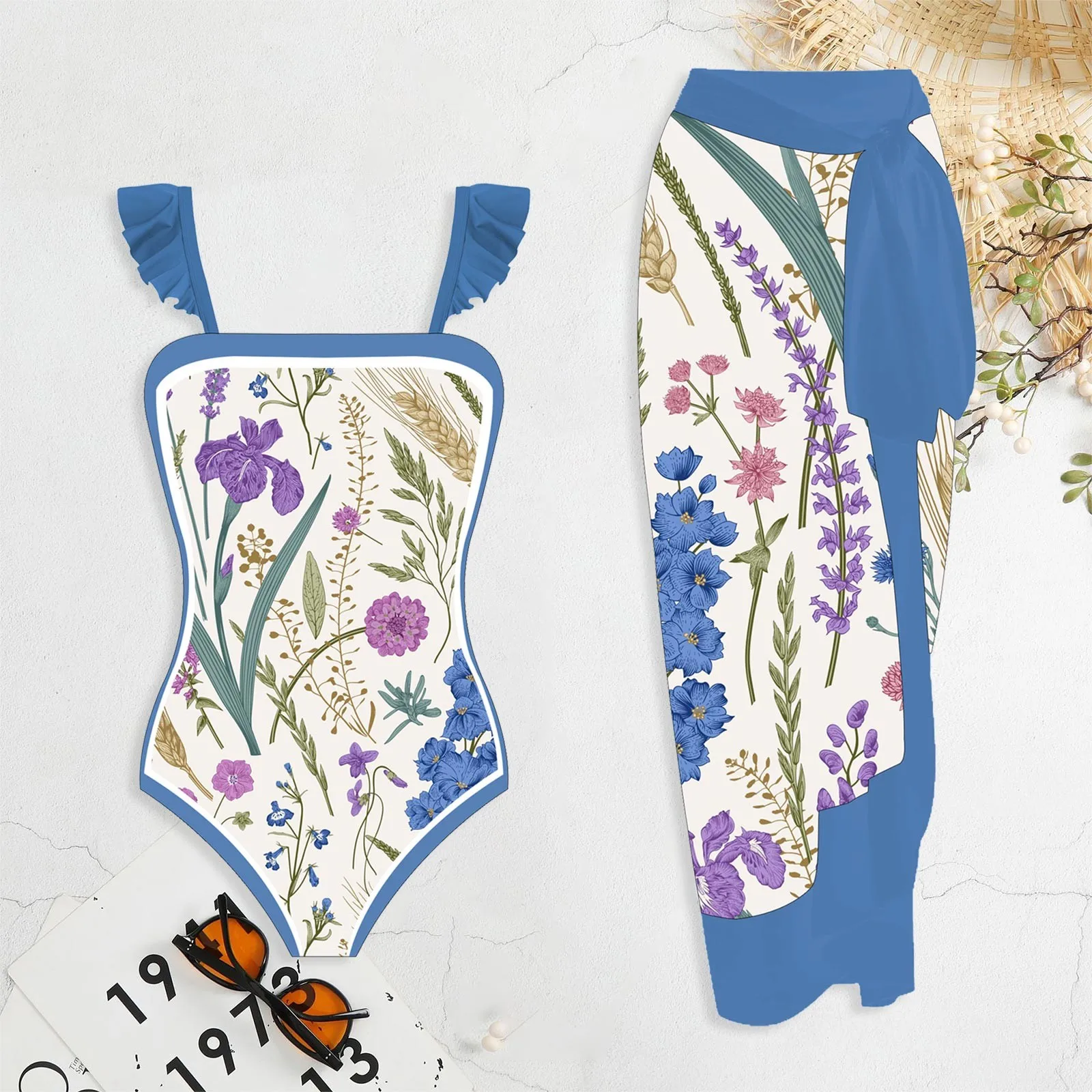 Damskie 1 częściowe stroje kąpielowe + 1 sztuka pokrowiec dwuczęściowy nadruk w stylu Vintage strój kąpielowy Bikini Monokini 2 częściowe stroje