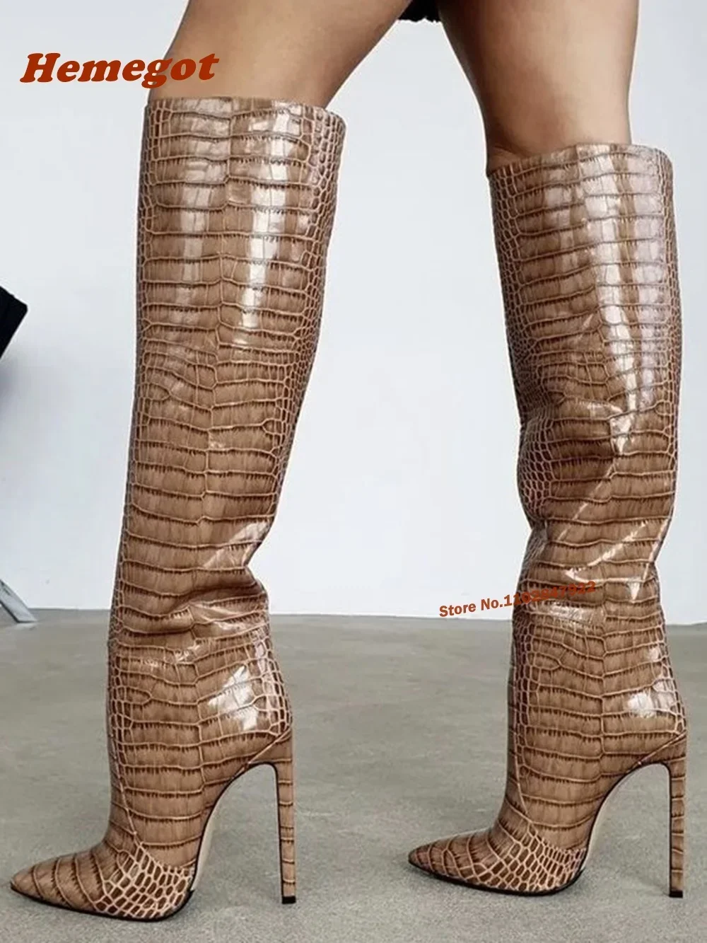 Pointed Toe Thin High Heels Knee-High Slip On Women's Boots Brown Croc-Pattern Stiletto Boots Casual Winter Plus Size 46 Solid