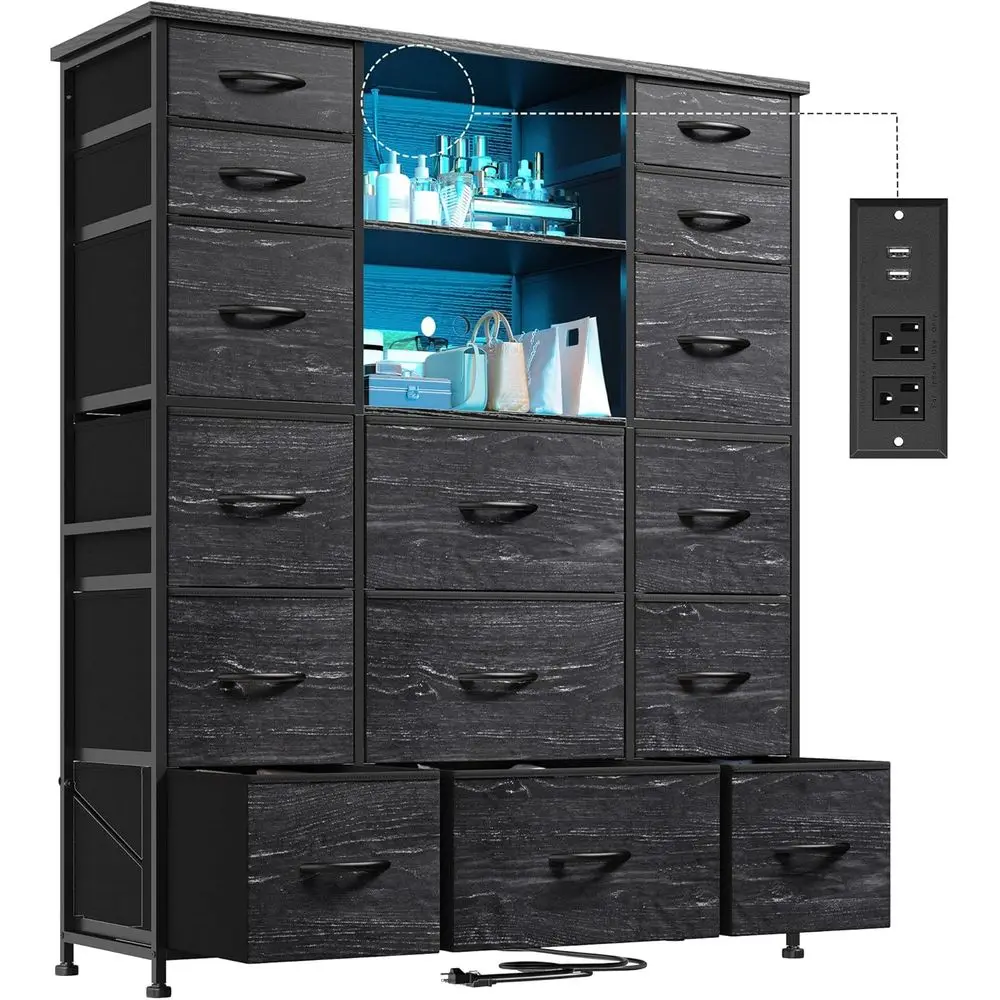 

Stylish Black Bedroom Dresser with 15 Drawers, Charging Station, LED Lights, and Hutch