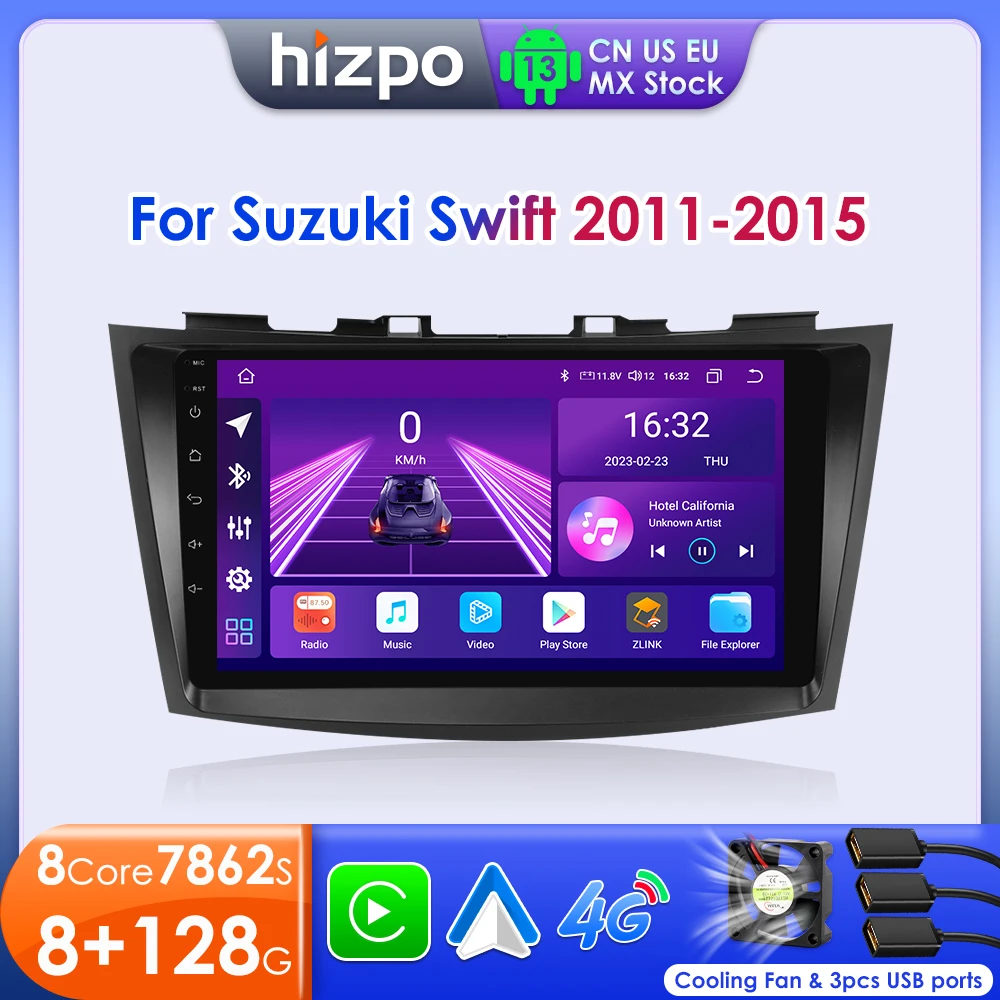 Hzipo 2Din 8G+128G Car Radio For Suzuki Swift 4 2011 - 2015 Navigation Player Android 14 Stereo GPS Multimedia Auto Carplay DSP