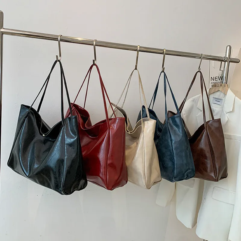 Women Tote Bag Fashion Underarm Pouch Large Capacity Soft Pu Leather Shoulder Bag Retro Crossbody Bag Casual Portable Bucket Bag