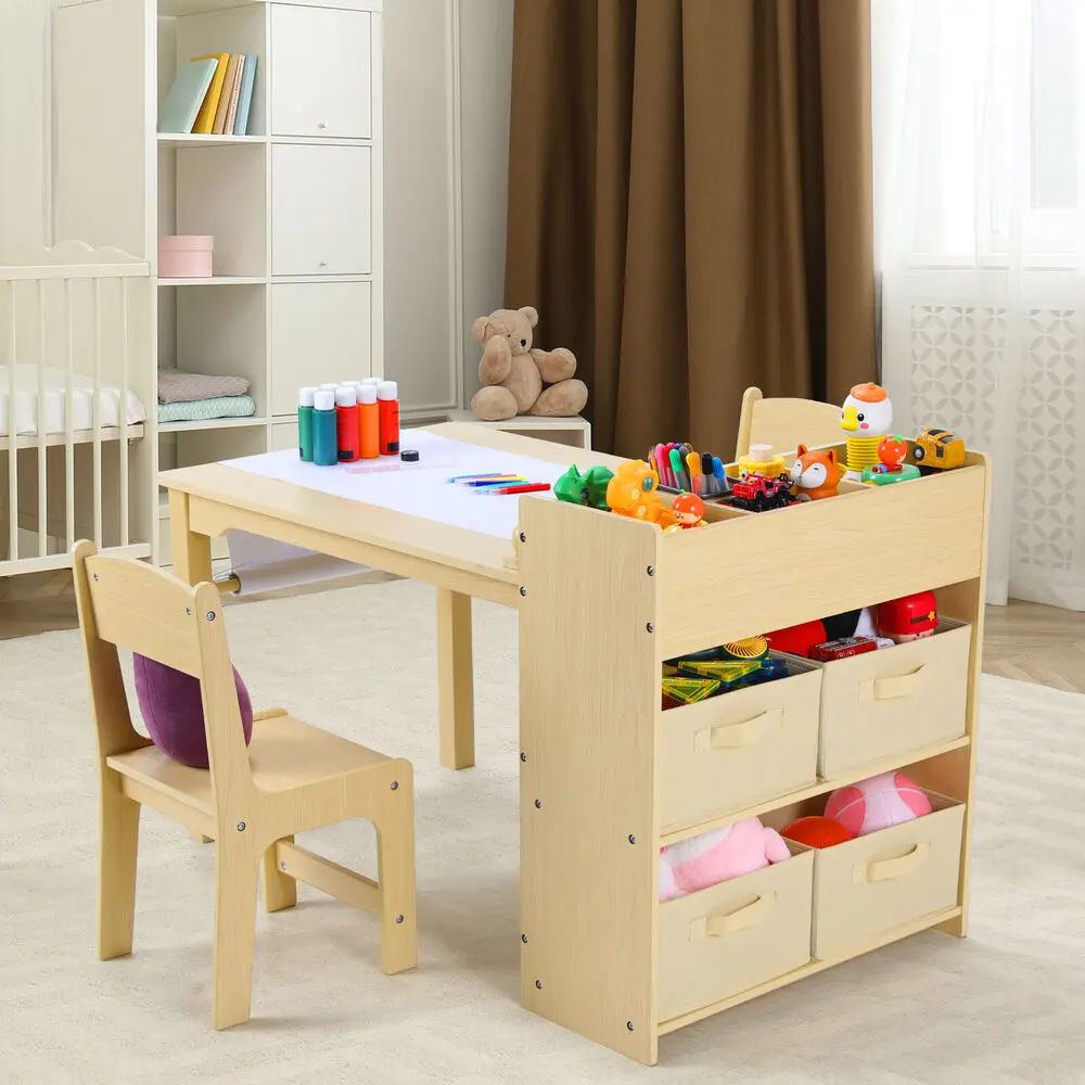 Juego de mesa y silla de arte para niños con 2 sillas, mesa artesanal de madera con estantes de almacenamiento, contenedores de lona, rollo de papel, mesa de sala de juegos para niños