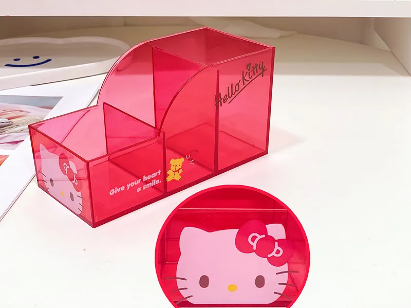 Sanrio Desktop Storage Box Hello Kitty Cinnamoroll Three Grid Stationery Pen Holder Makeup Case School Supplies Children Gift