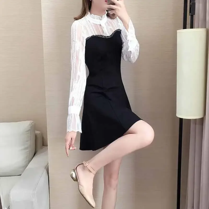 Black Female Dress Lace Splicing White 2025 Fashion Women's Long Sleeve Dresses Kpop Designer Clothes On Promotion Y2k Hot Curvy