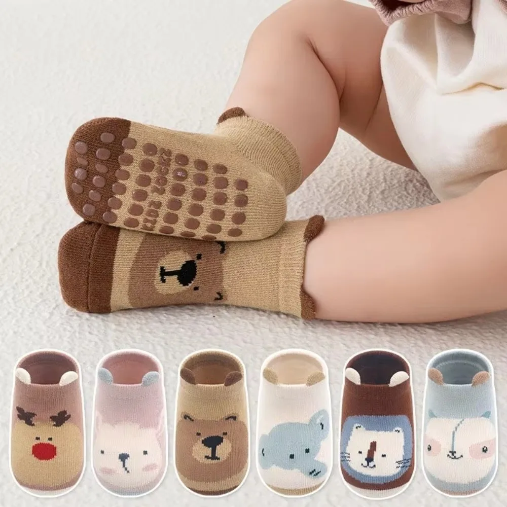 1Pair Kids Cotton Socks Non-slip Boys and Girls Cute Cartoon Animal Patterned Comfy Breathable Baby Floor Socks