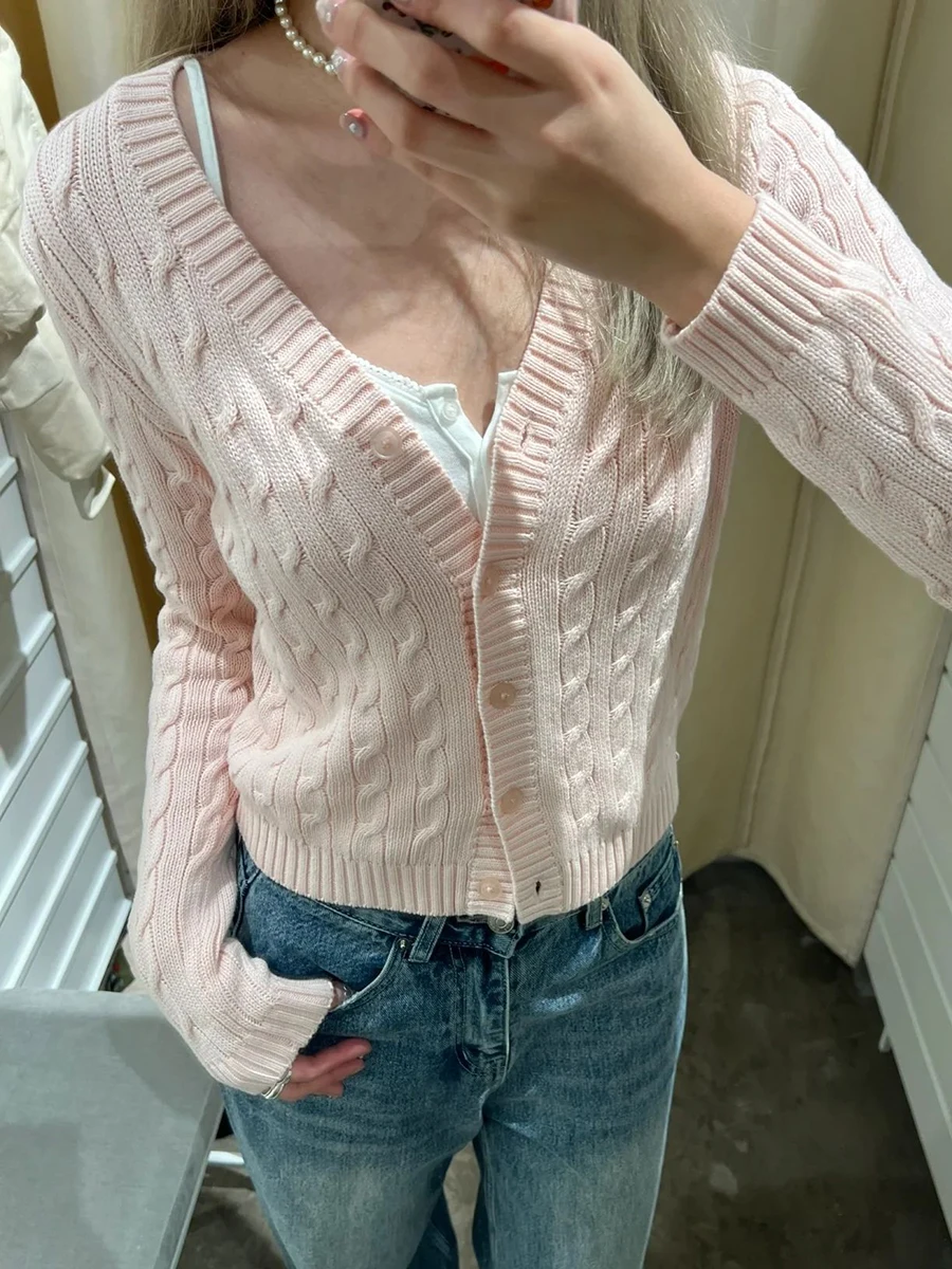 

Розовый свитер с витым цветком, кардиган, осенний однобортный трикотаж с длинными рукавами и v-образным вырезом, однотонные простые хлопковые милые свитера, новинка