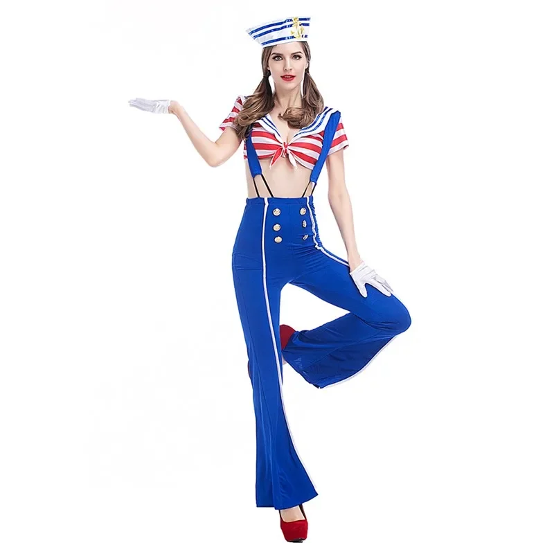 Disfraz de fantasía azul marino náutico para mujer, espectáculo de escenario de Halloween, vestido Sexy de Cosplay de marinero real para club