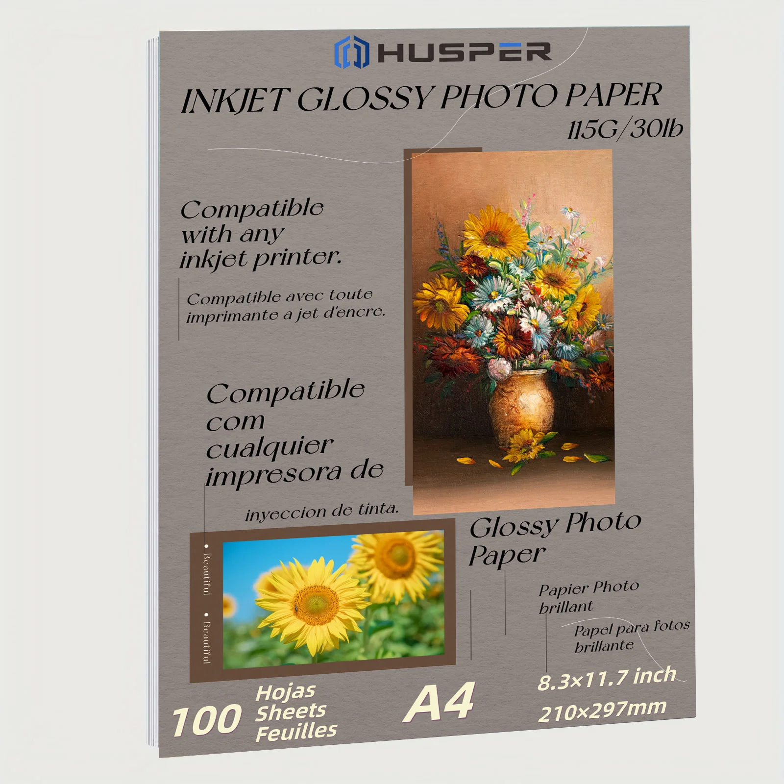 

HUSPER 30 фунтов, 115 г, A4 (8,3 × 11,7 дюйма), 100 листов глянцевой фотобумаги для струйной печати