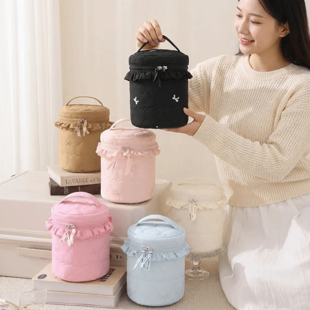 Love Pattern Cosmetic Organizer Bag Large Capacity Cylindrical Shape Toiletries Bag Zipper Closure Multi-Pocket Wash Pouch Mommy
