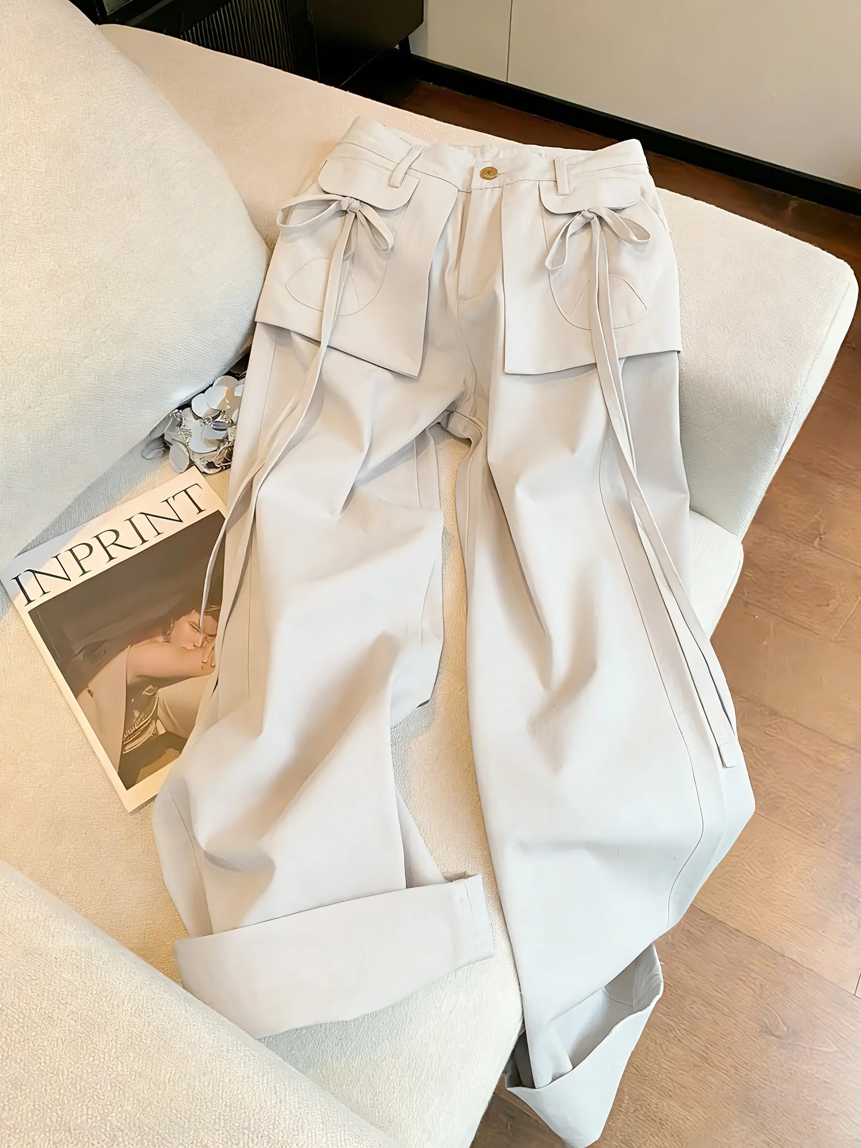 

Korean Design Sense Patchwork Dstring ket Workwear Casual Pants Women's Spring Autumn Trendy Vintage High Waist Slim St...