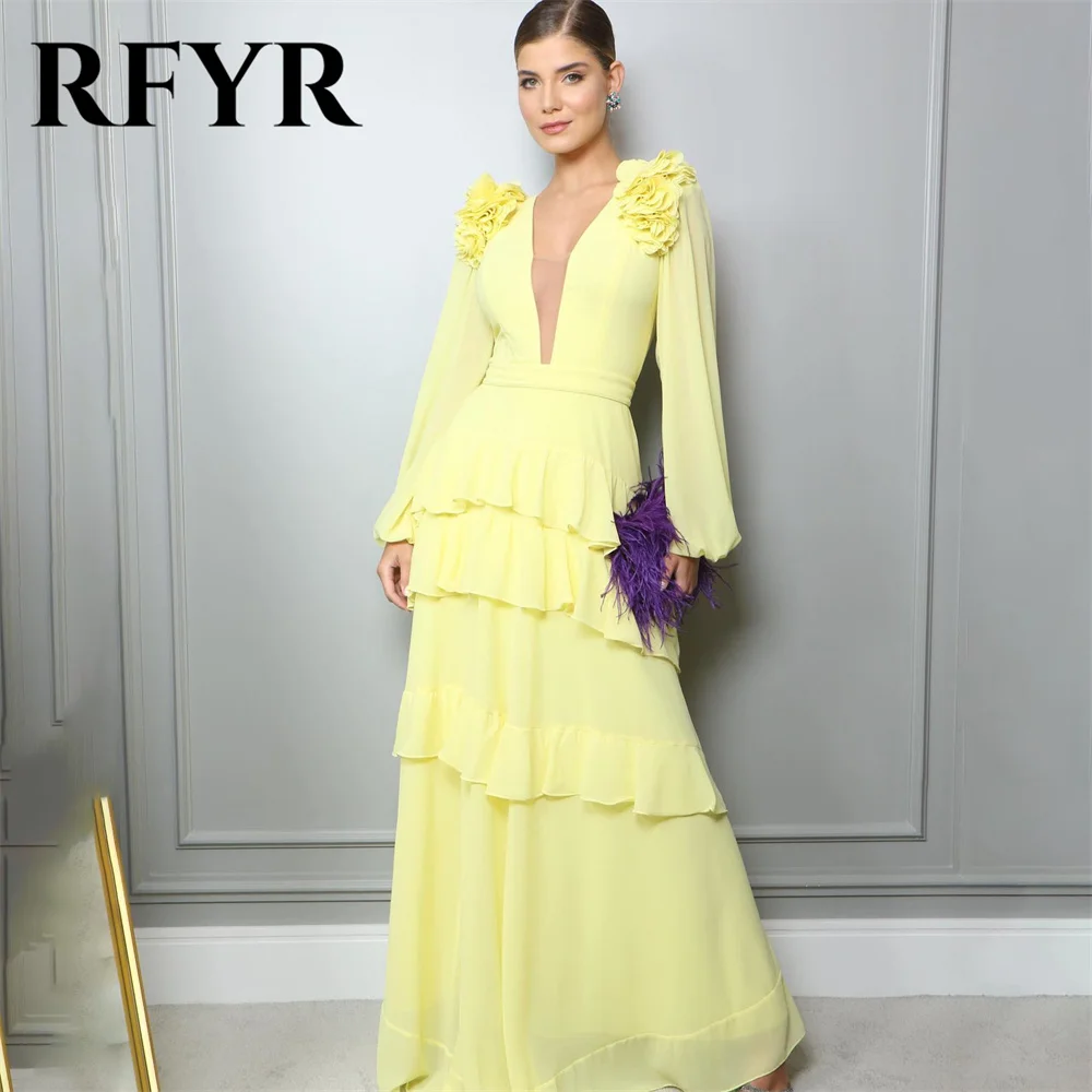 RFYR Yellow Special Occasion Dresses V Neck Chiffion Formal Gown Long Evening Dress with Split vestidos de fiesta Customized