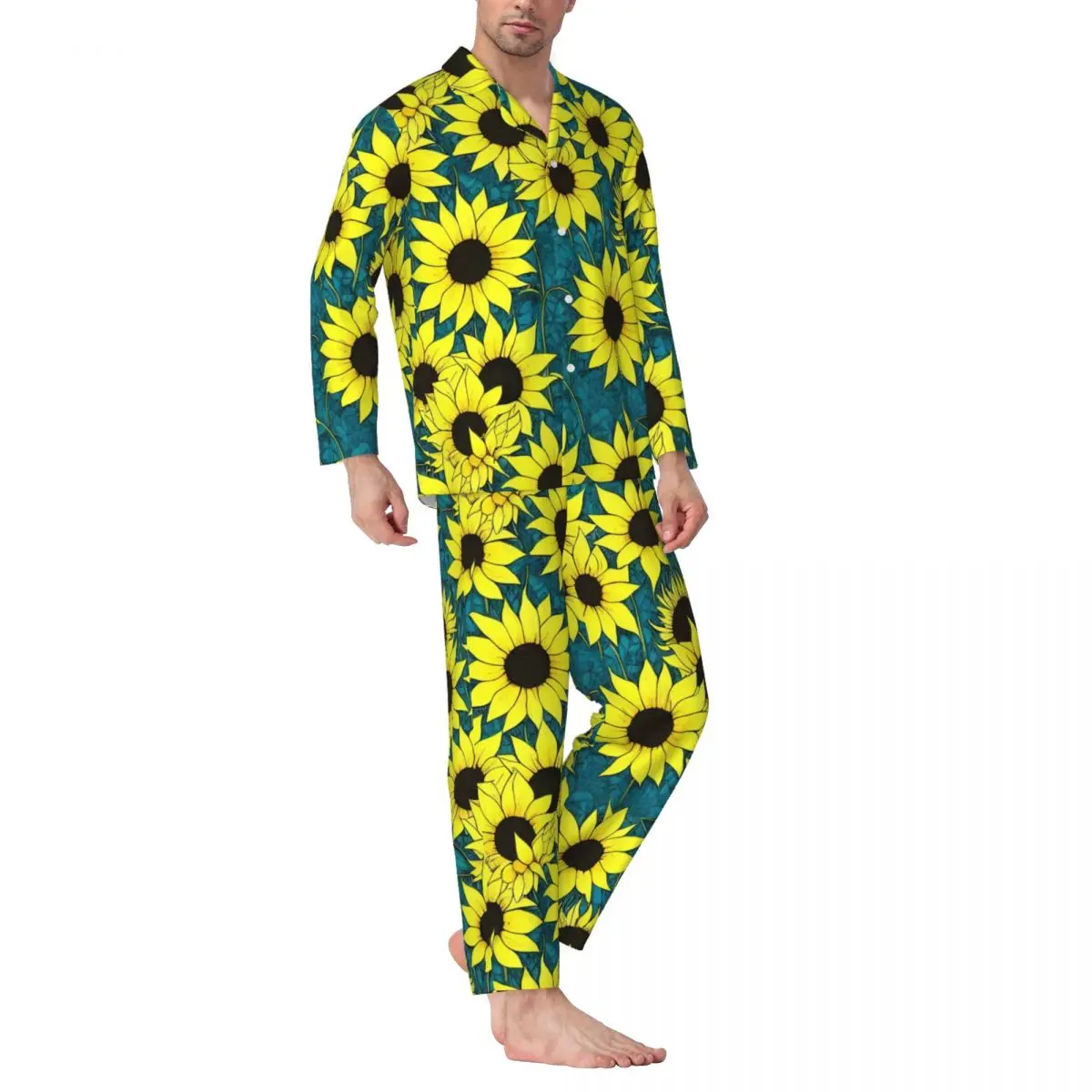 

Pajamas Man Sunflower Print Night Sleepwear Yellow Flowers 2 Pieces Loose Pajamas Set Long-Sleeve Soft Oversized Home Suit