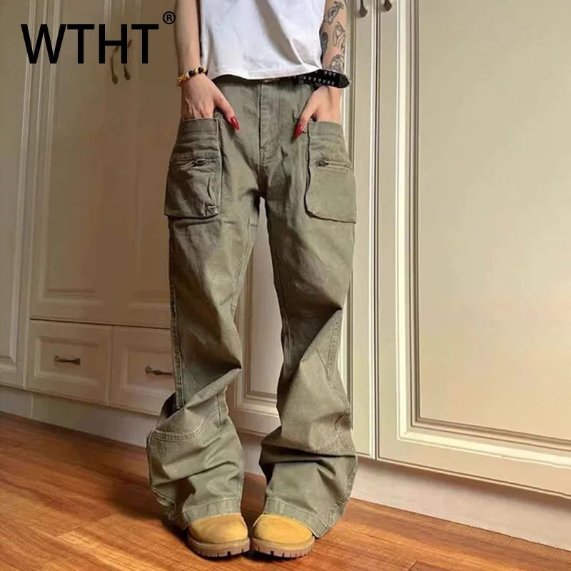 

WTHT винтажные мужские однотонные джинсовые брюки на молнии с большими карманами, модные прямые джинсы с высокой талией, мужские брюки, лето 2022, 2A1132