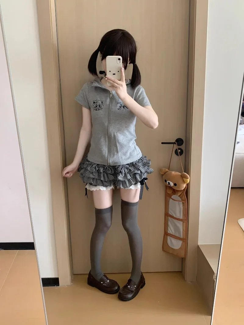 Japanese Rojita Sweet Cute Shorts Black And White Plaid Bow Elastic Waist Versatile Short Pants Summer New Lace Culottes Female