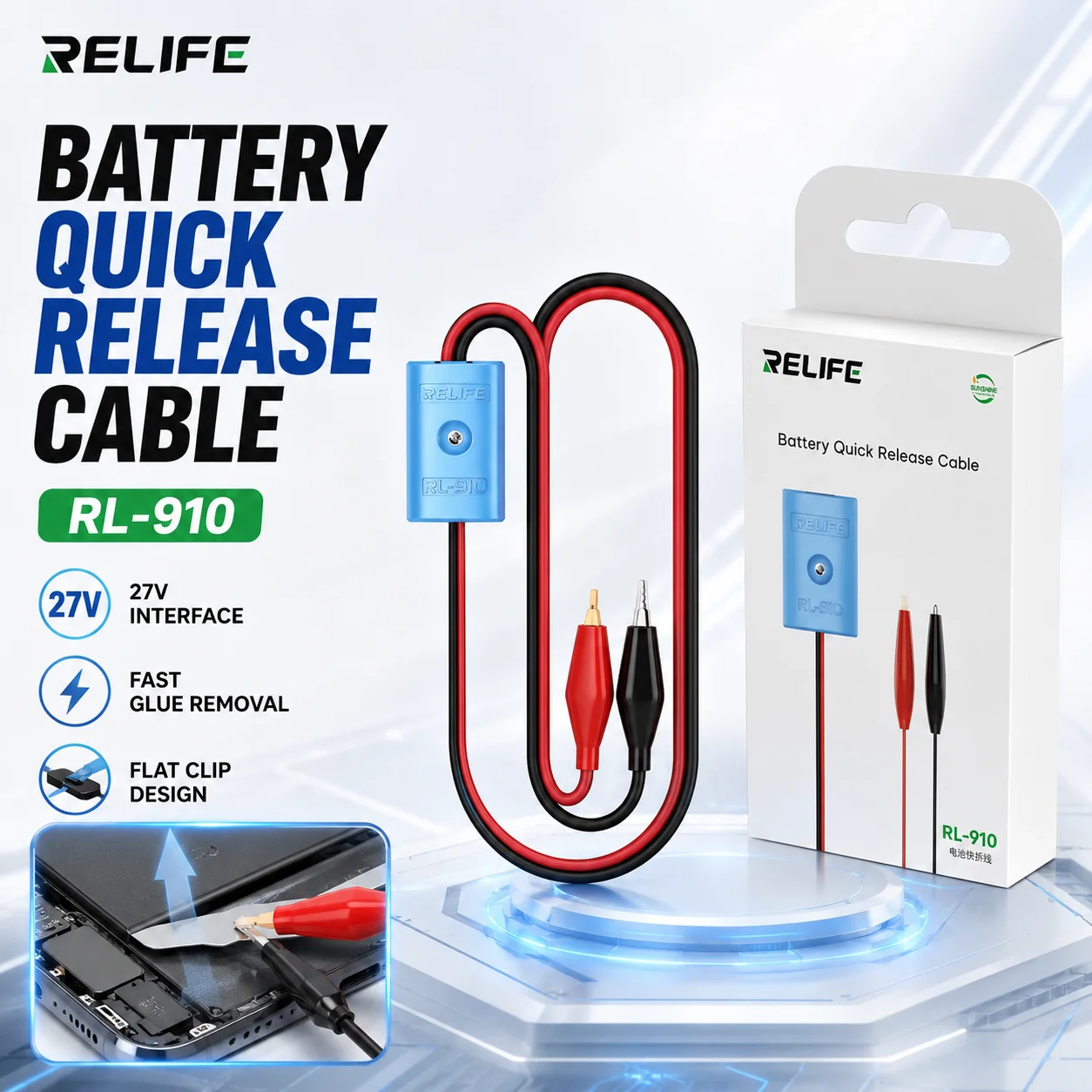 RELIFE RL-910 Battery Glue Removal Tool 27V Interface Clip for iP16 Built-in Smart Chip Type-C Quick Release Mobile Repair Cable