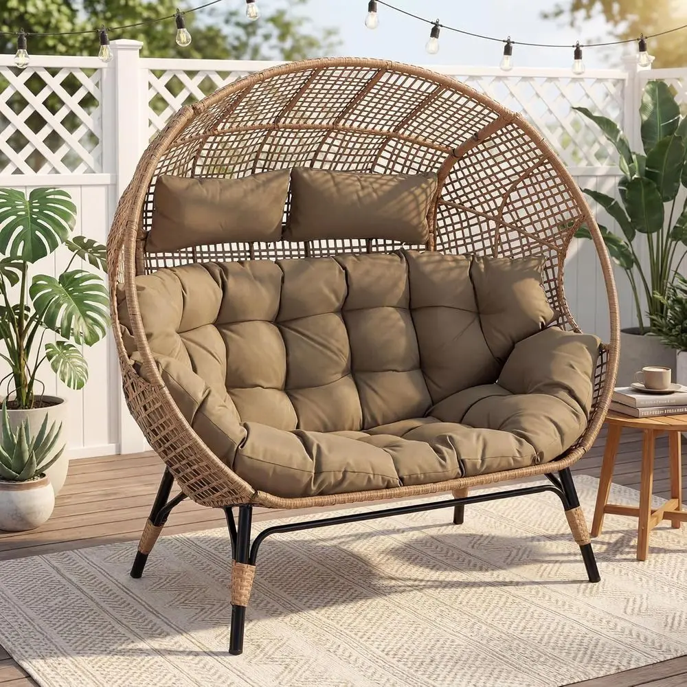 

Luxury Oversized Double Wicker Egg Chair with Cushion for Patio, Garden, Indoor Use - Brown