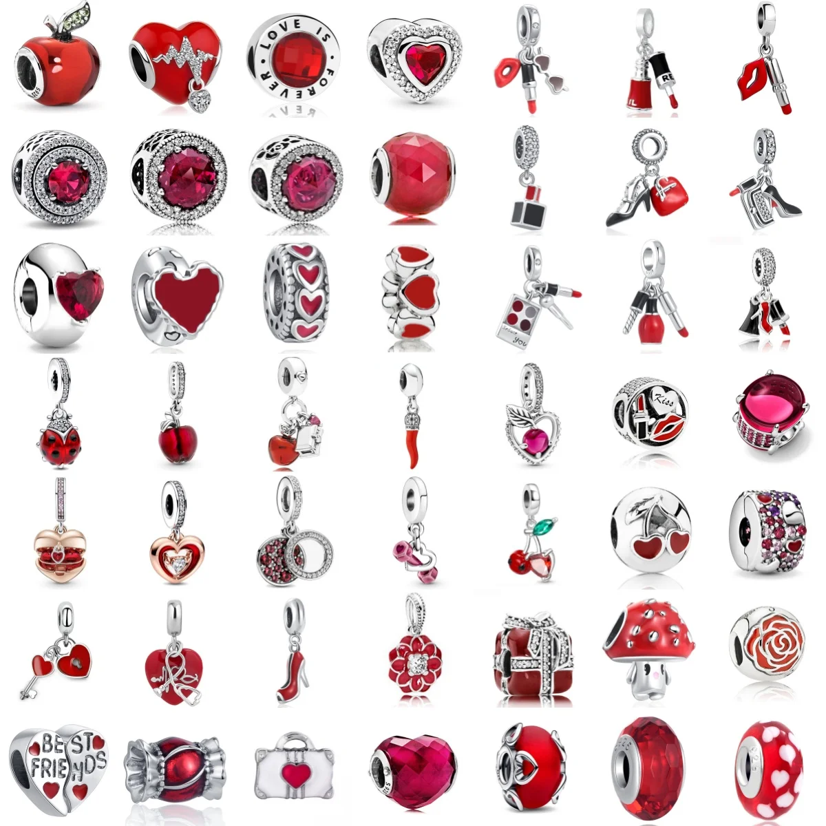 Red Series DIY Jewelry 925 Silver Lipstick High Heels Love Dumbbells Apple Charm Beads Fit Original Decoration European Bracelet