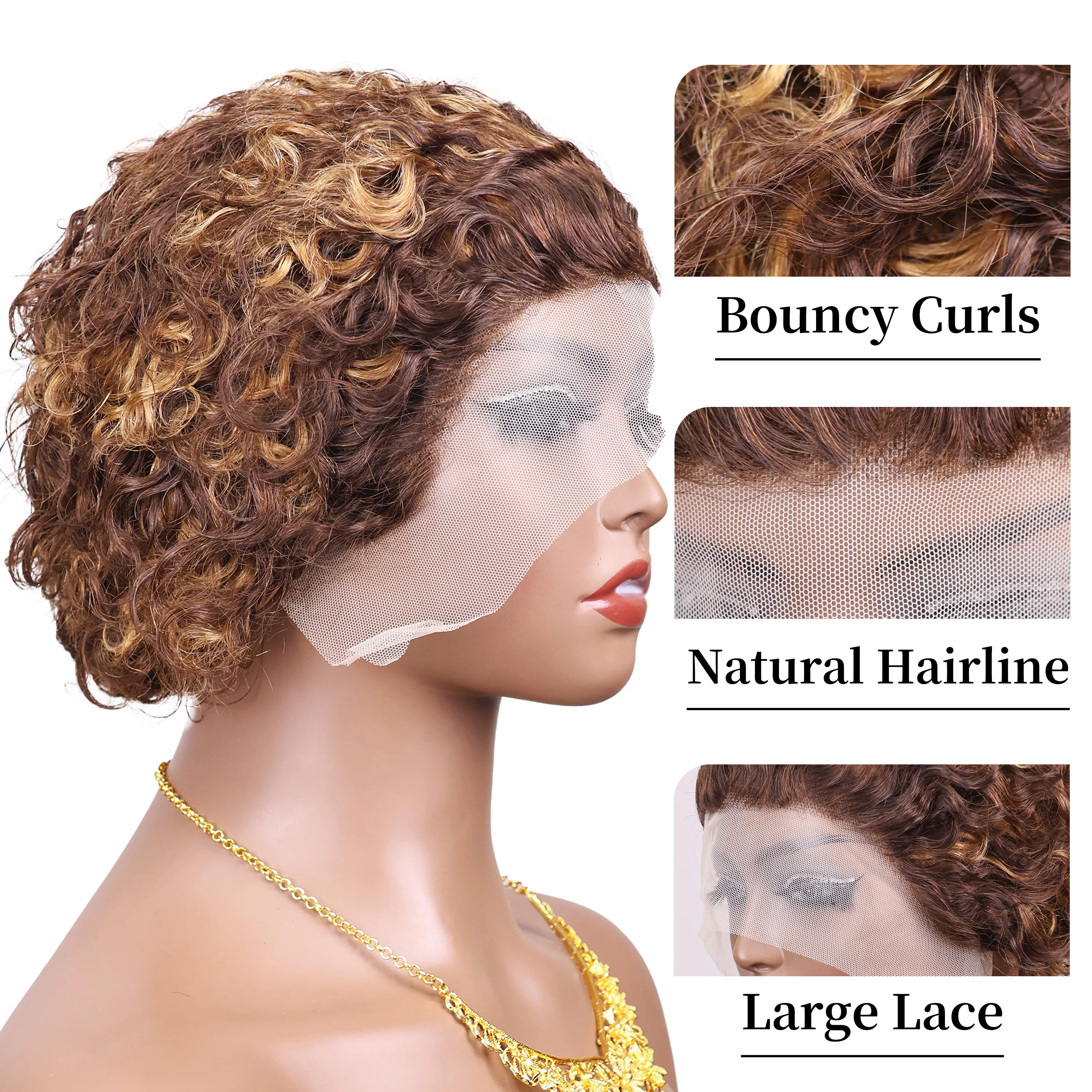 Hightlght 4/27 Pixie Cut Wig Ombre Honey Blonde Deep Curly Wigs 13x1 HD Transparent Lace Frontal Human Hair Wig Brazilia Bob Wig