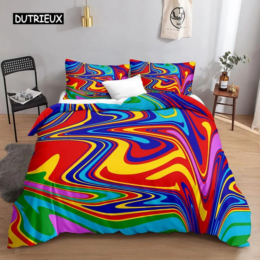 

Abstract Duvet Cover Psychedelic Liquid Rainbow Pattern Soft Bedding Set Pillowcase Double Queen King Size Polyester Qulit Cover