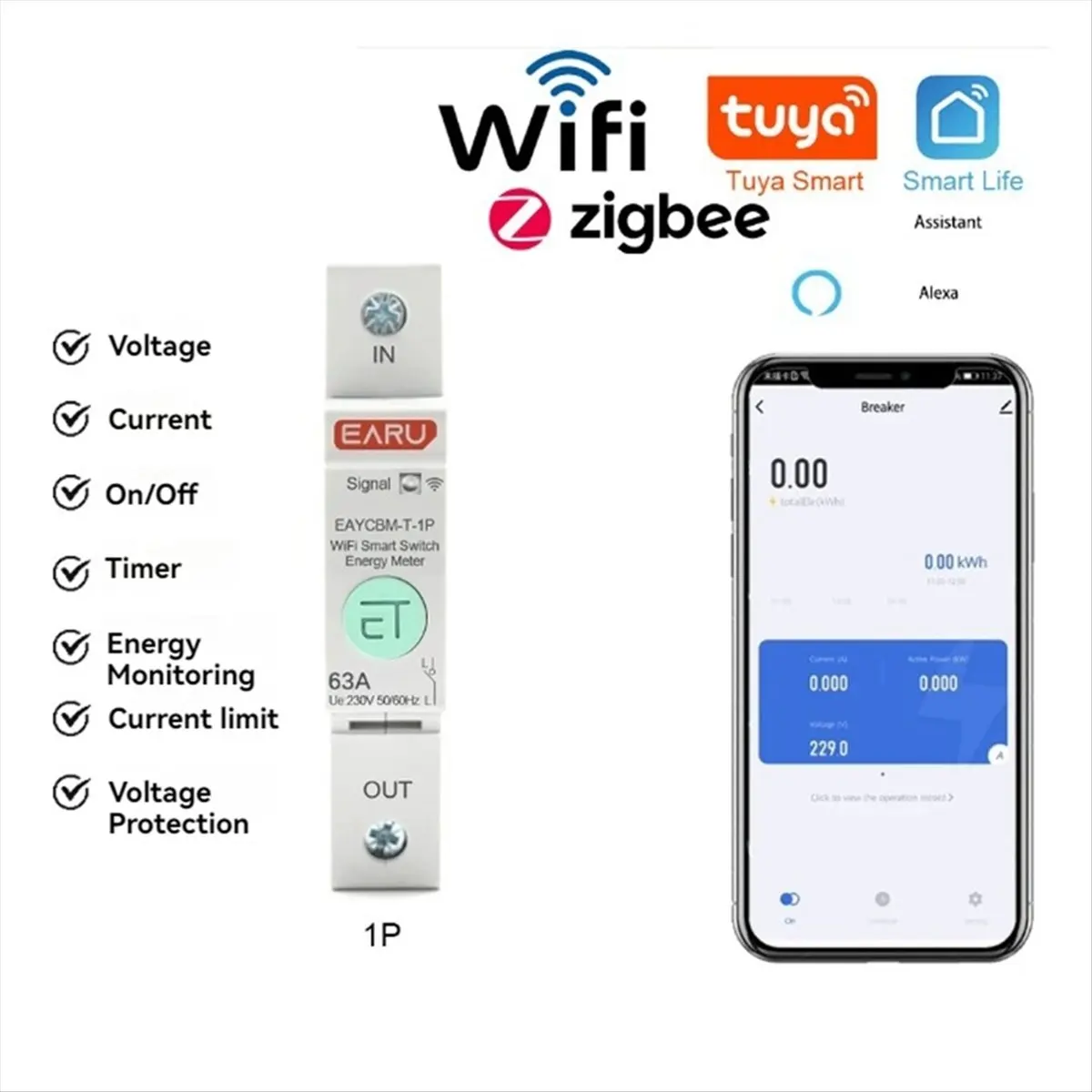 (BABQ) 1P TUYA APP Zigbee Metering Protector Smart Energy Power Consumption KWh Meter Circuit Breaker Time Relay Switch