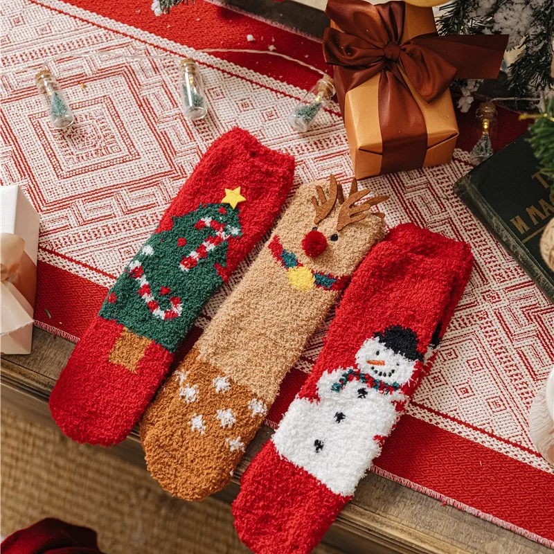 

Autumn Winter Women's Sock Mid Tube Fashion Christmas Red Thickened Warm Sleep Kawai Cartoon Half Side Velvet Floor Soft Socks