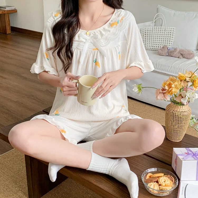 Cotton Short Sleeve Shorts Floral Print Woman Satin Pajama Sets Ensembles 2 Piece Lady Outfit Lounge Women Pijama Sleepwear Pj