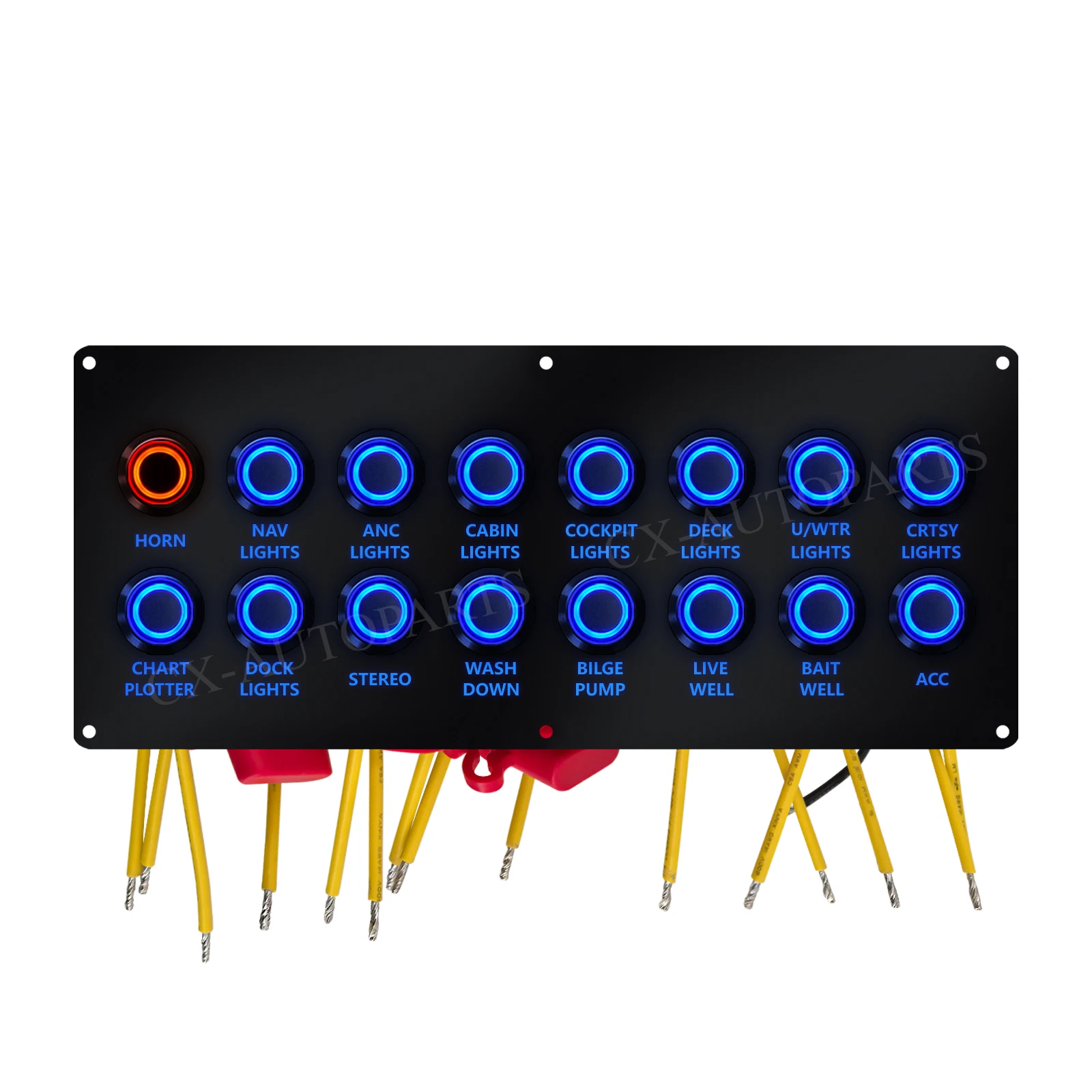 16 Way Marine Switch Panel Acrylic Plate Blue LED Waterproof for Horn Nav Anc Cabin Docking Lights Bilge Pump Live Well