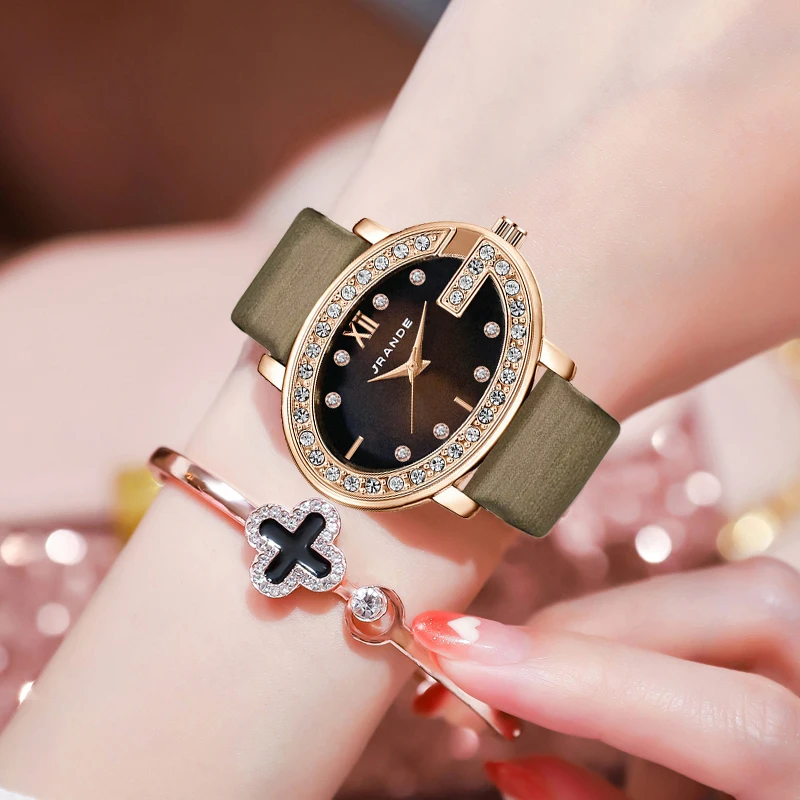 Fashion Women Watches Black Leather Waterproof Casual Hand Clock  Women wristwatch with rhinestones Elegant Female  watch brown