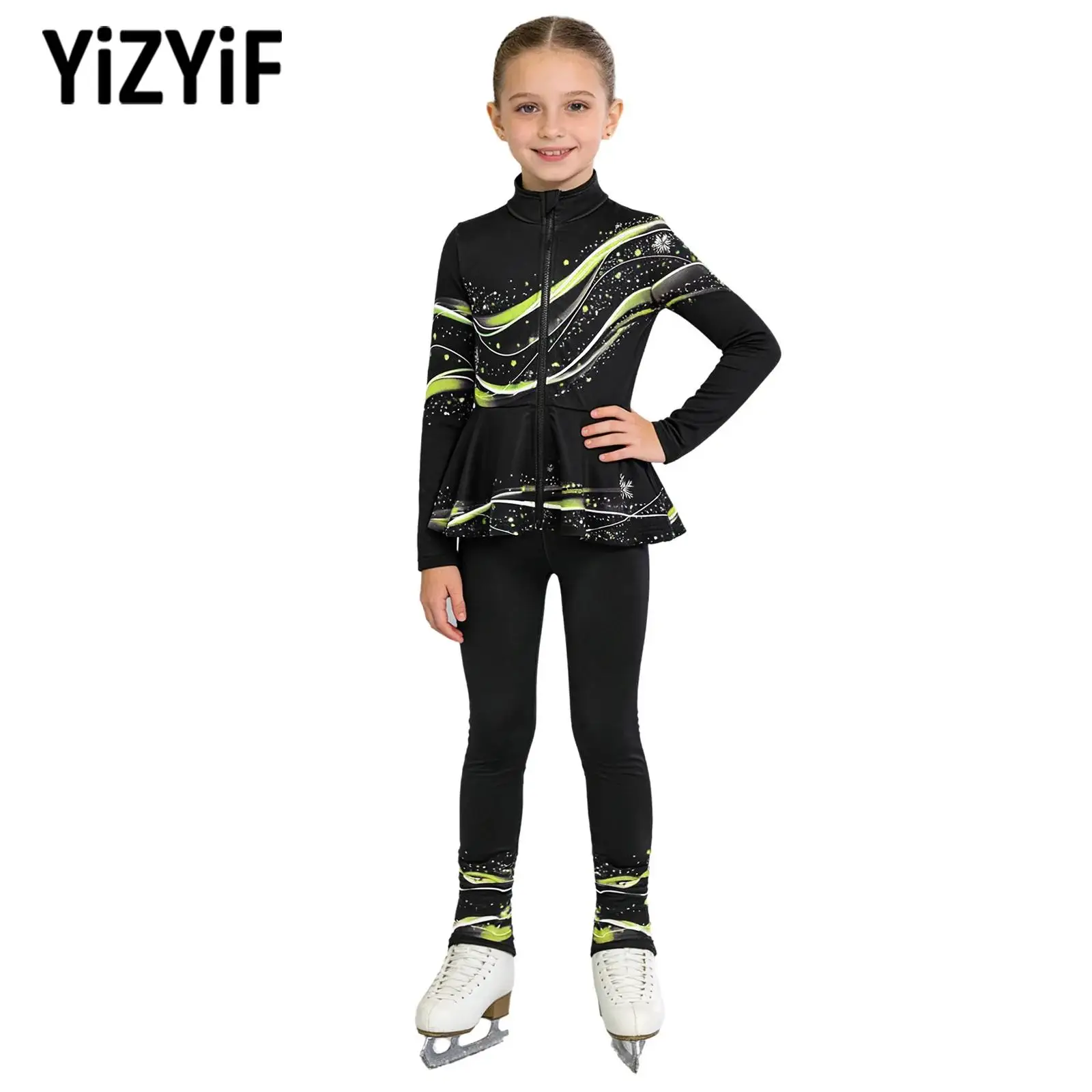 Children Girls Figure Ice Skating Outfit Long Sleeve Zipper Peplum Jacket+Leggings Sets Rhythmic Gymnastics Ballet Dancewear
