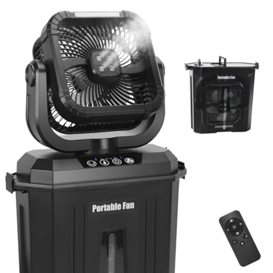

Portable Oscillating Misting Fan with 12L Water Bucket, 20000mAh Battery Operated Mister Camping Fans with 4 Sprays Outlet, 120