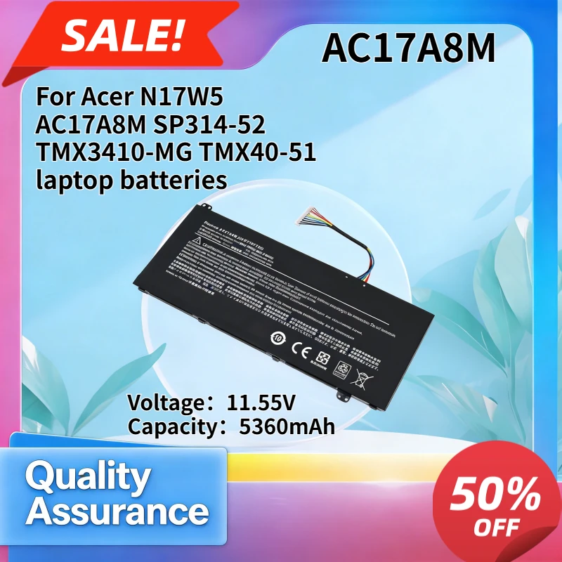 

AC17A8M 5360mAh High Quality Laptop Battery Compatible with Acer N17W5 SP314-52 TMX3410-MG TMX40-51