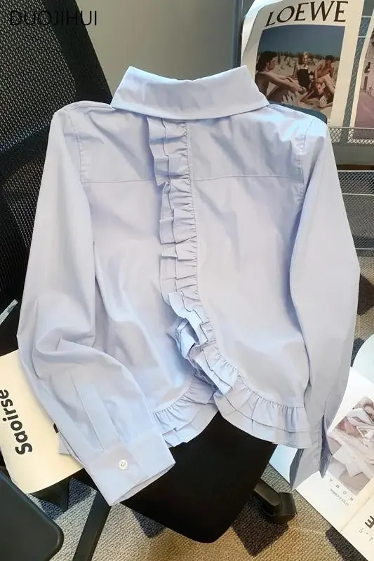 DUOJIHUI Blue Chicly Ruffled Basic Long Sleeve Women Shirt French Elegant Office Ladies Fashion Solid Color Simple Female Shirts