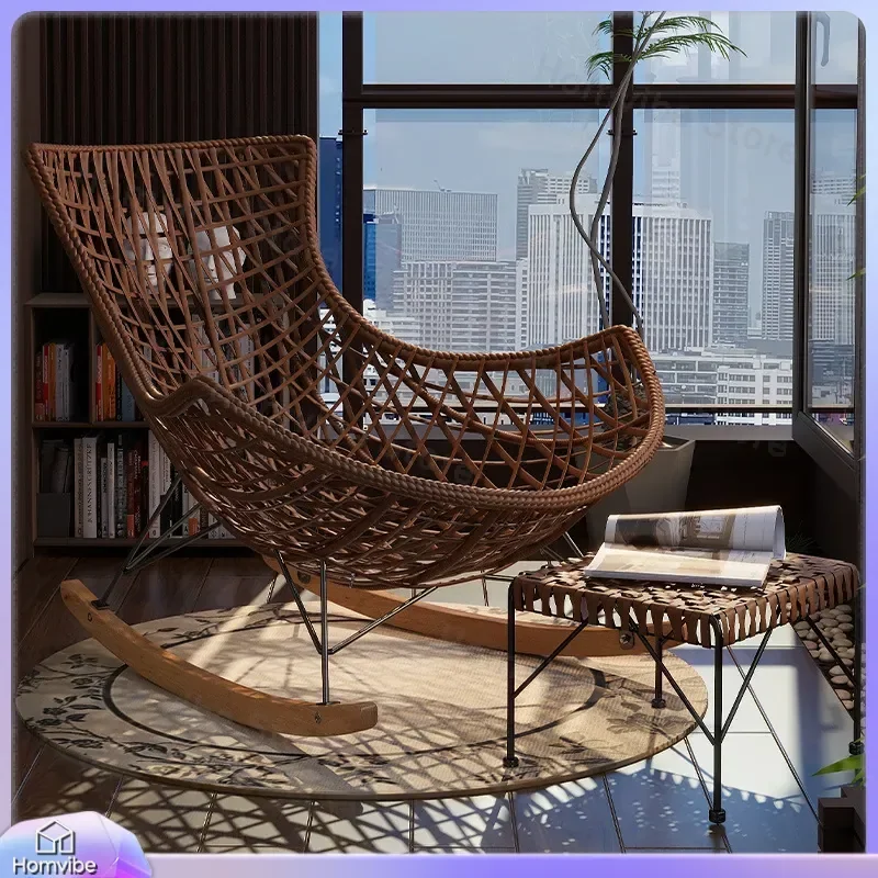 Outdoor Rattan Rocking Chair Adult Recliner Retro Balcony Leisure Single Seat Lazy Sofa Summer Garden Patio Furniture Home