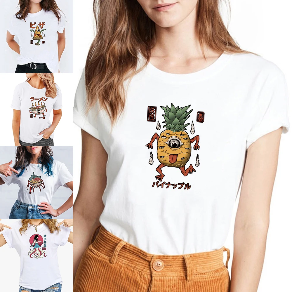 

Women's White Basic O-neck T Shirts Summer New XXS-5XL Slim fit Tees Female Ladies Fashion Top Clothe cute monster Series Print